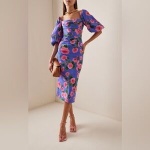Carolina Herrera Blue and Pink Floral Midi Dress